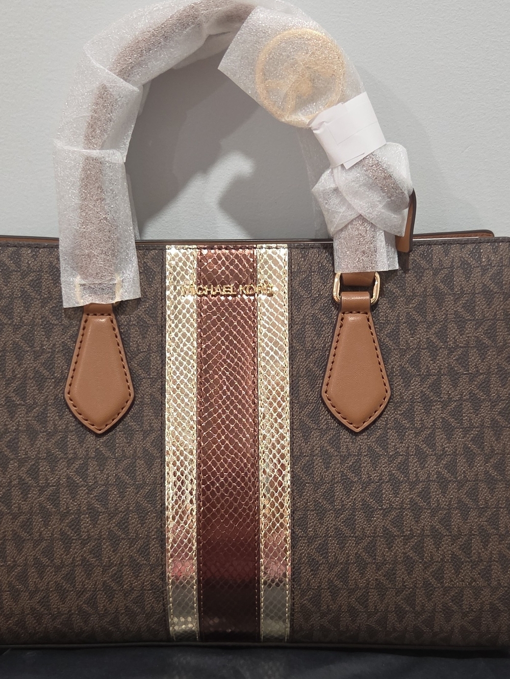 Michael Kors Brown Logo Tote with Gold Accent Stripe